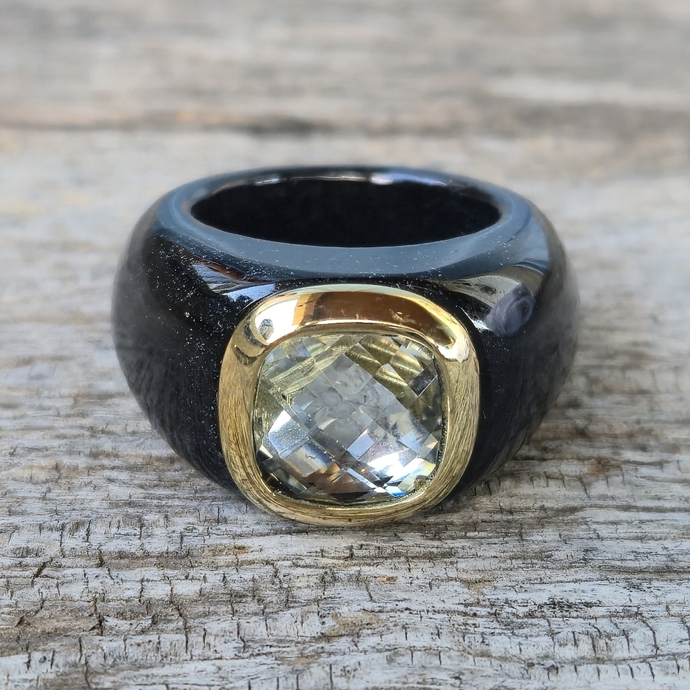 ✨️ 14k Yellow Gold Carved Black Onyx White Topaz Designer Signed Ring Size 5.5